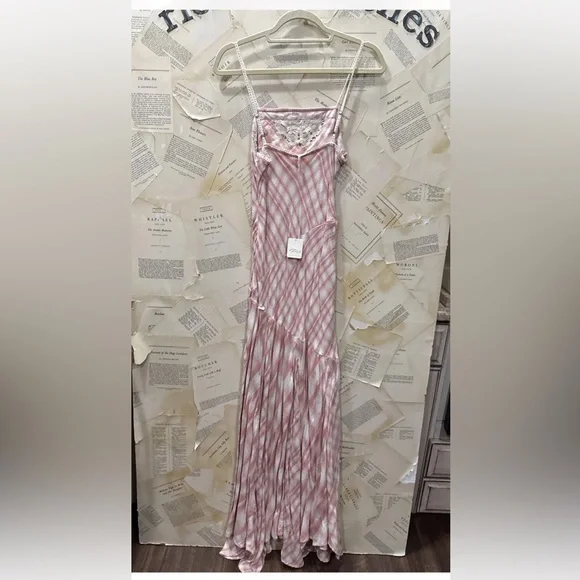 Free People Piper Plaid Maxi Dress Crochet Detail Tiered Hemline Blush Ivory